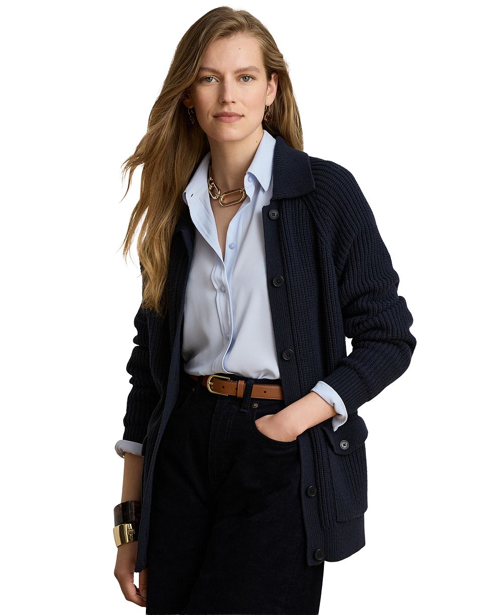Lauren Ralph Lauren Women's Wool-Blend Rib-Knit Spread Collar Cardigan