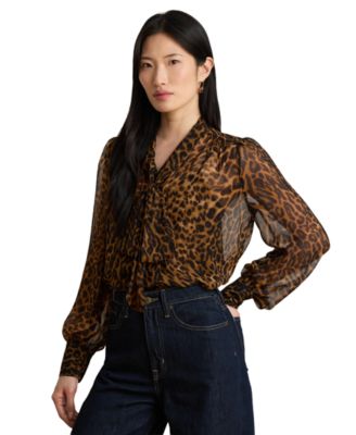 Lauren Ralph Lauren Женская блузка Chiffon Tie-Neck Ocelot-Print