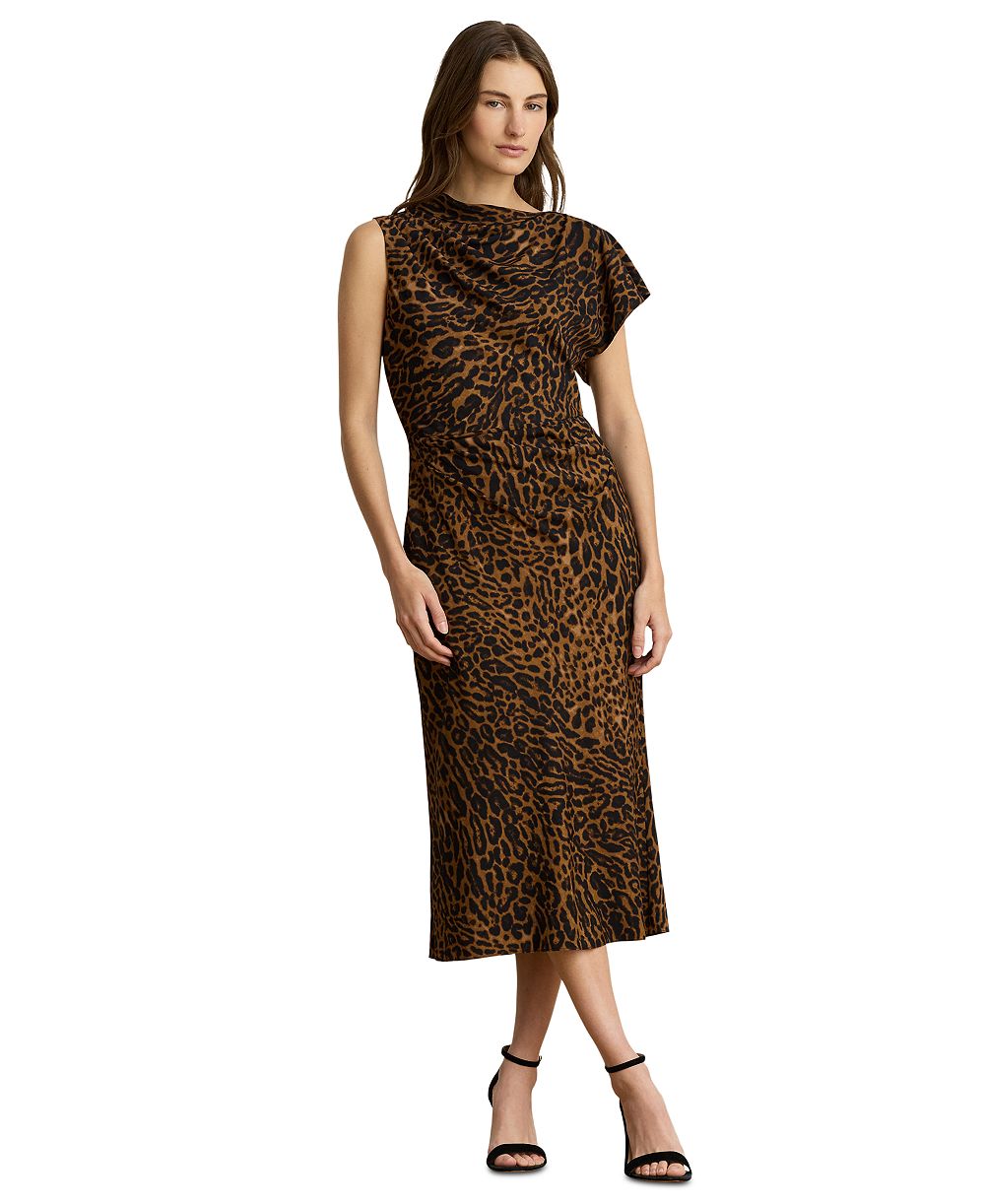 Lauren Ralph Lauren Women's Asymmetrical Neck Ocelot-Print Pleated Crepe Dress
