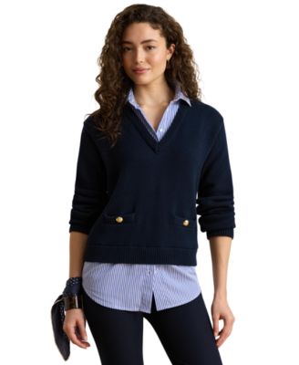 Женский джемпер Lauren Ralph Lauren из гребенной хлопковой ткани с V-образным вырезом и воротником рубашки
