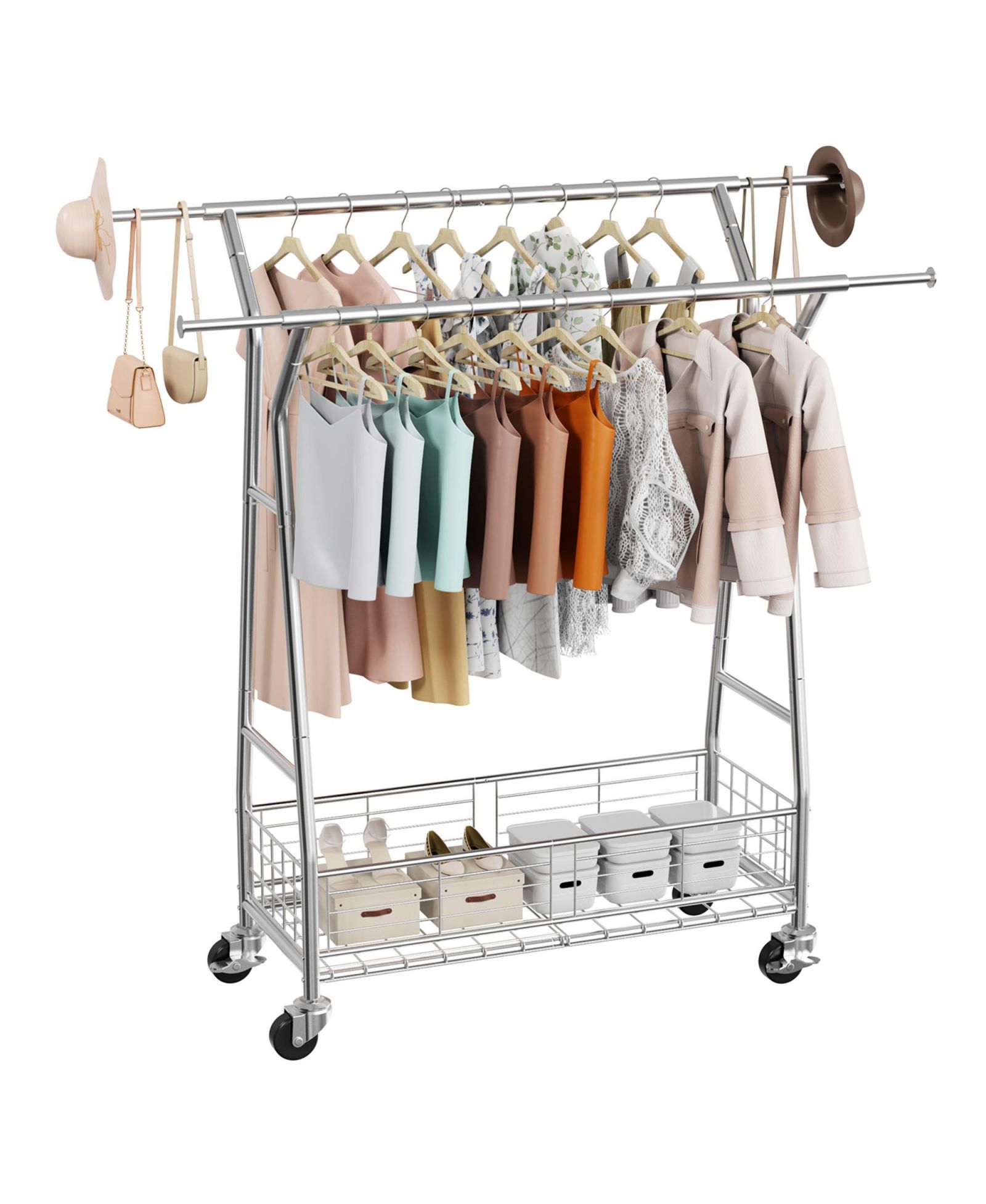 RAINSKEN Clothes Rack, Rolling Clothing Garment Rack, Extendable Carbon Steel Clothing Racks с 2 Hanging Rods и Storage Basket для Living Room