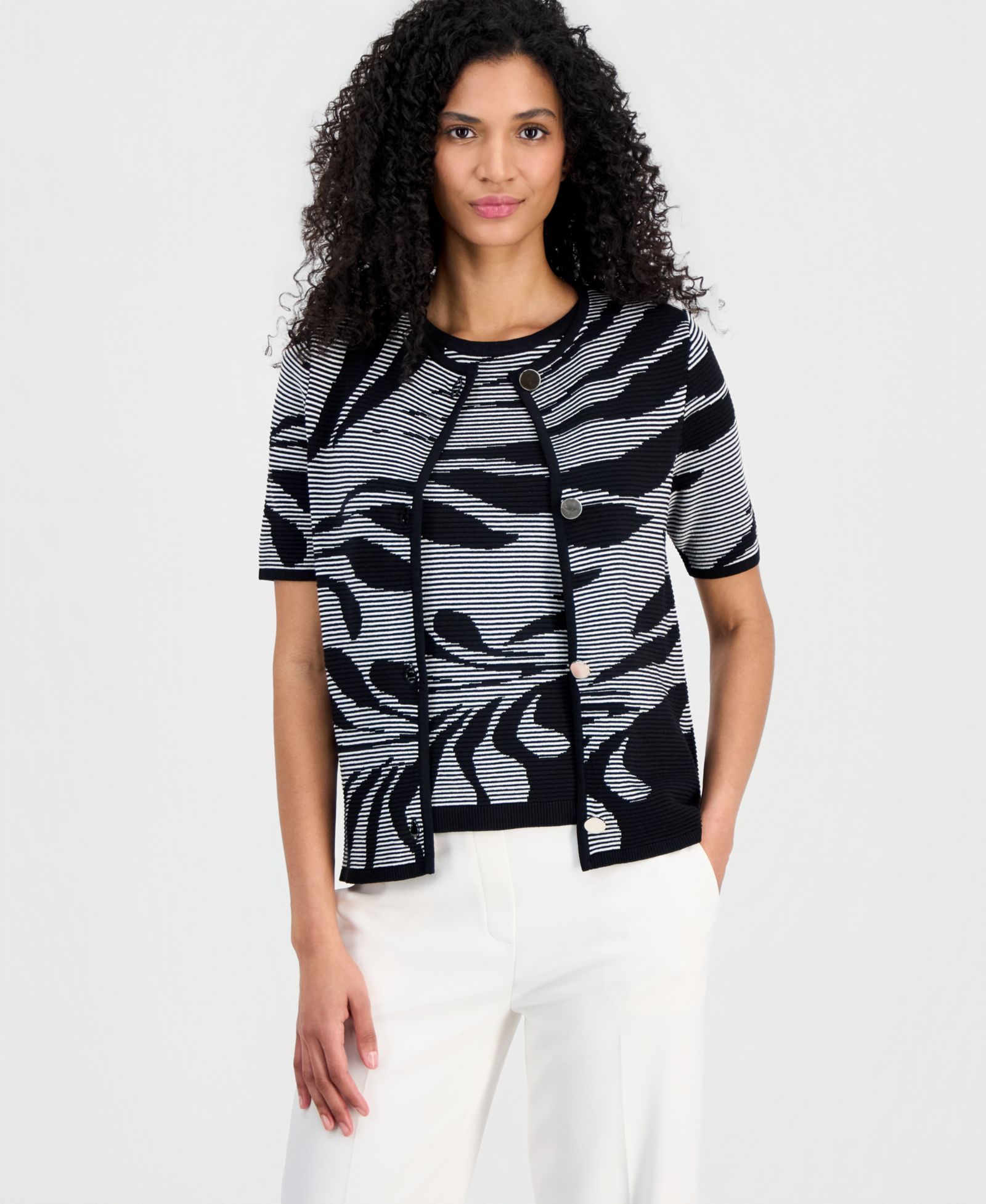 Anne Klein Women's Jacquard-Knit Short-Sleeve Cardigan Sweater
