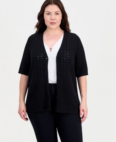 Kasper Plus Size Short-Sleeve Scalloped-Hem Cardigan