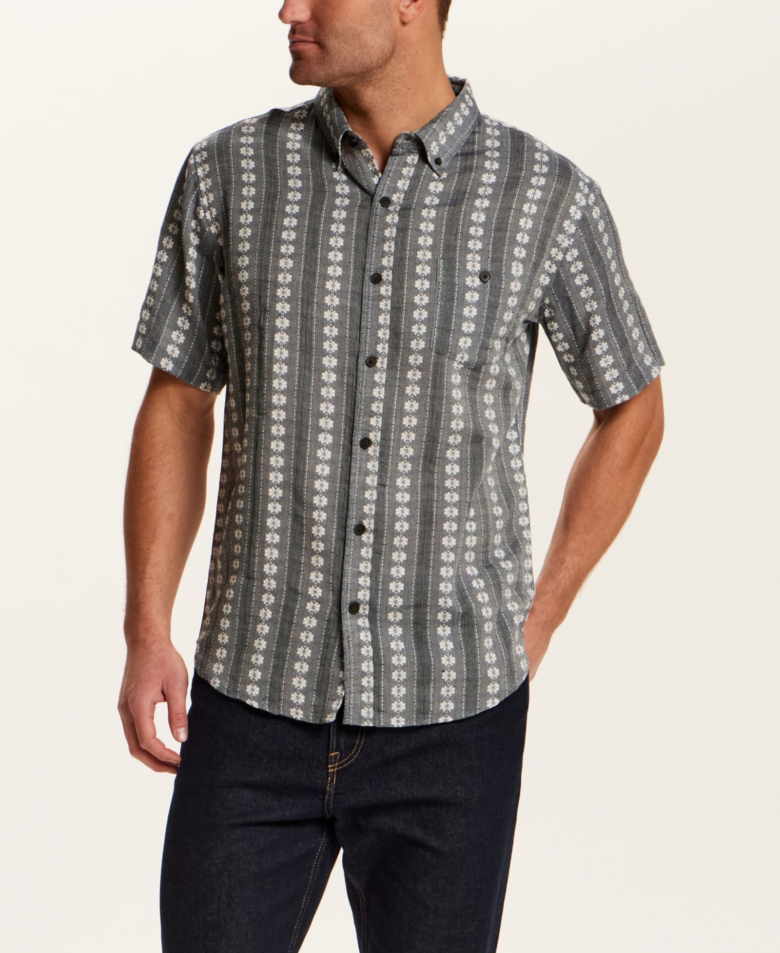 Vintage & Black Men's Short-Sleeve Embroidered Flower Striped Shirt