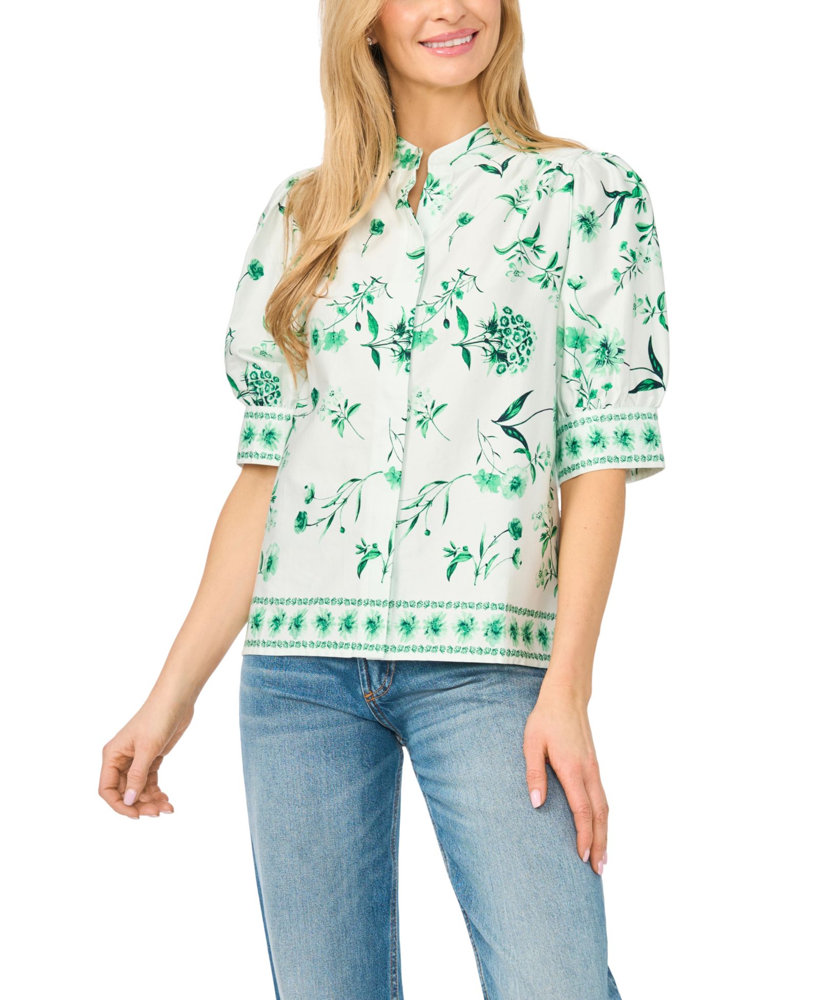 CeCe Women's Floral 3/4-Sleeve Collared Button-Up Shirt
