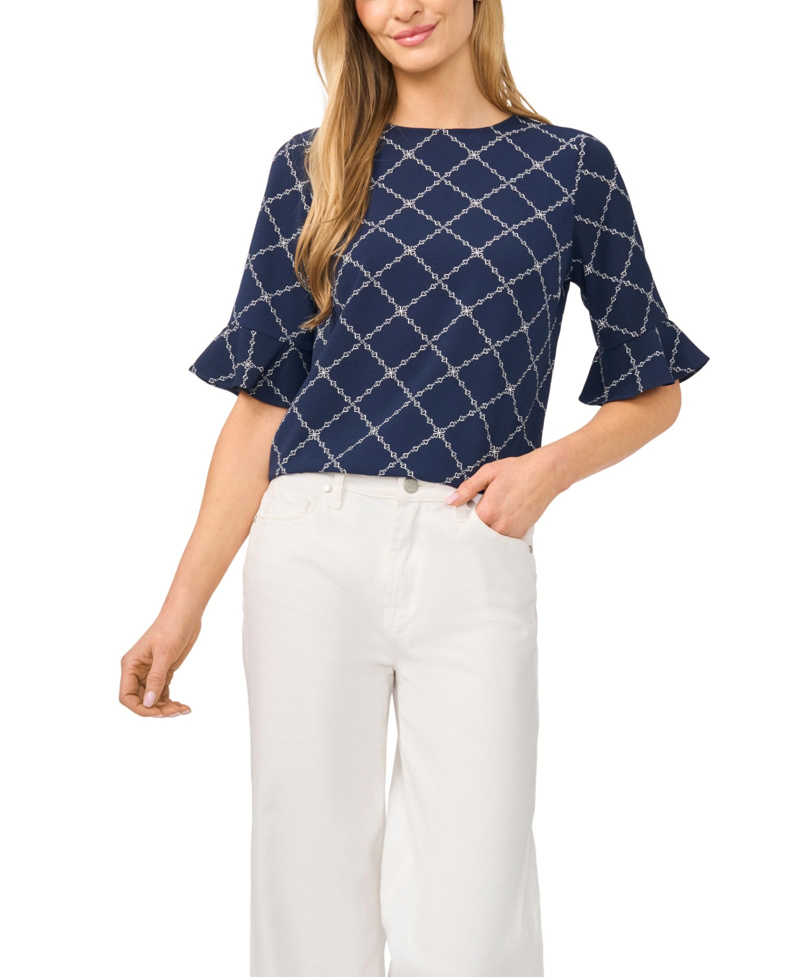 CeCe Women's Print Crewneck 3/4-Sleeve Ruffled Cuff Blouse