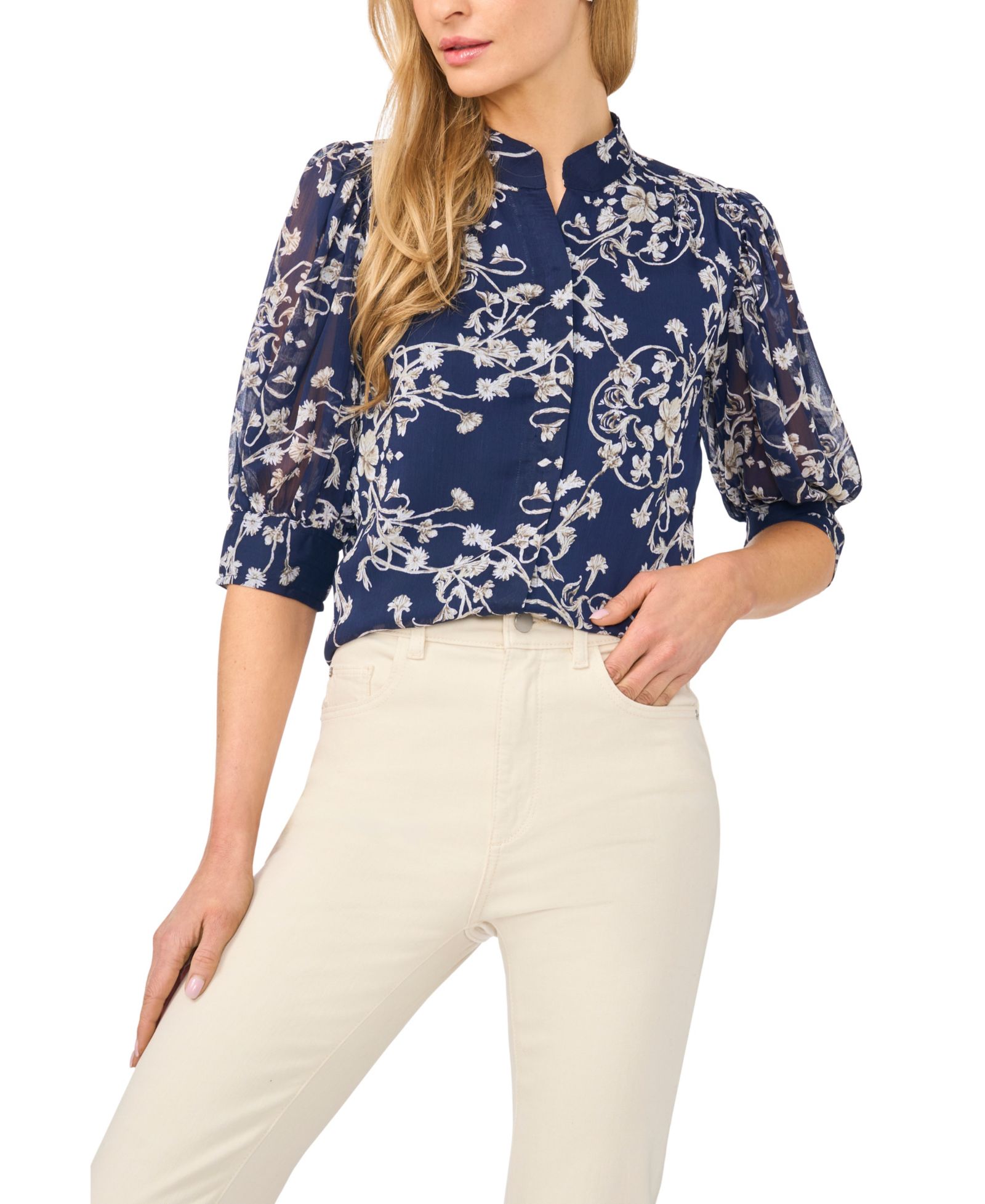 CeCe Женская блузка с воротником и рукавом 3/4 Floral Collared Neck