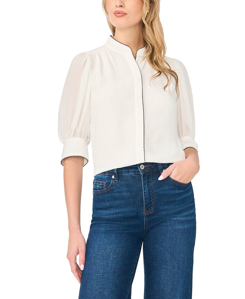 CeCe Women's Pearce Puff-Sleeve Open Collar Top