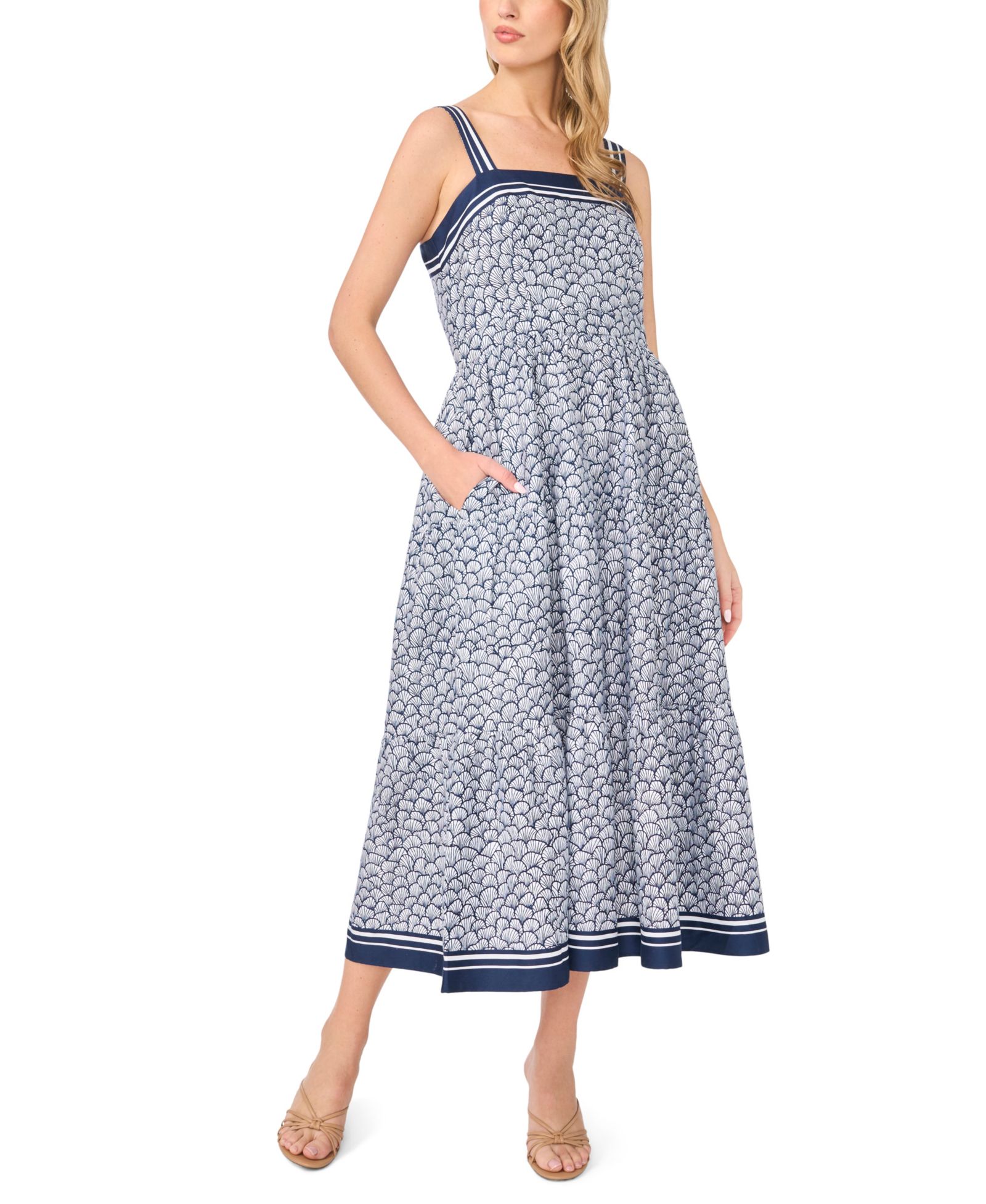 CeCe Women's Sleeveless Square Neck Tiered Midi Dress
