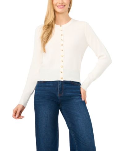 CeCe Women's Long-Sleeve Crewneck Shell-Button Cardigan Sweater