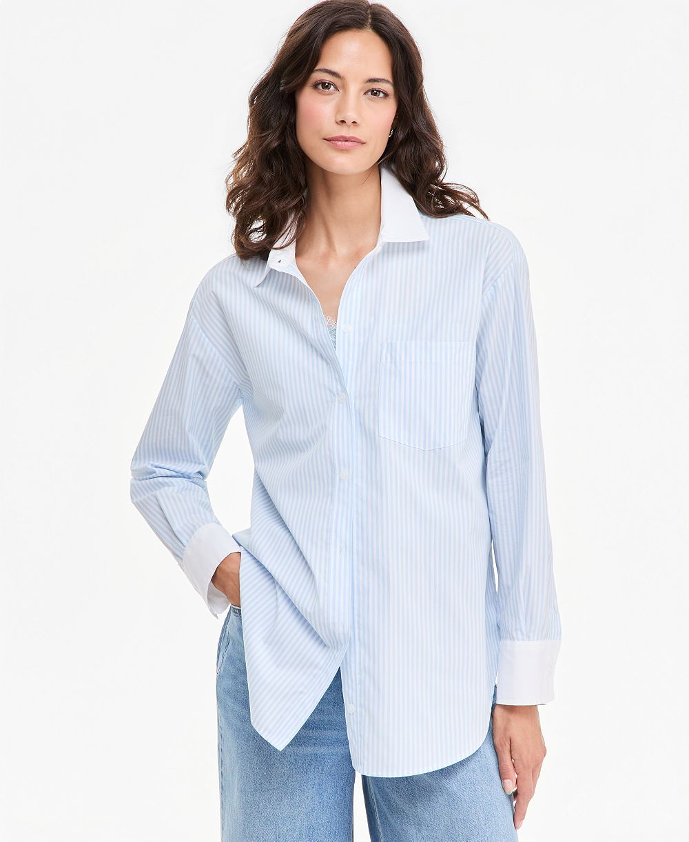 Женская рубашка On 34th Oversized Contrast-Collar Striped Poplin, эксклюзив Macy's