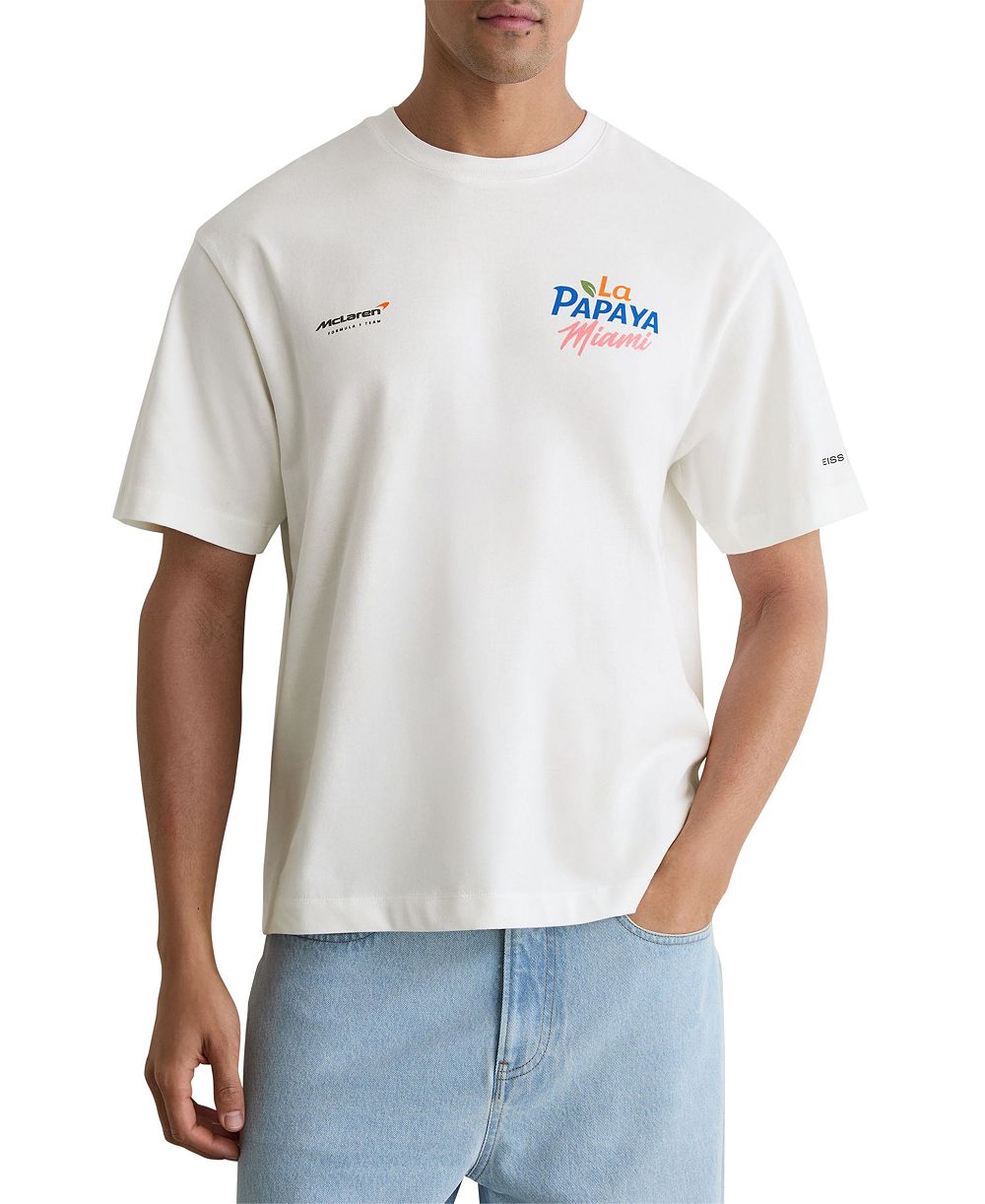REISS Men's La Papaya McLaren Racing Miami Papaya-Print Unisex-Fit T-Shirt
