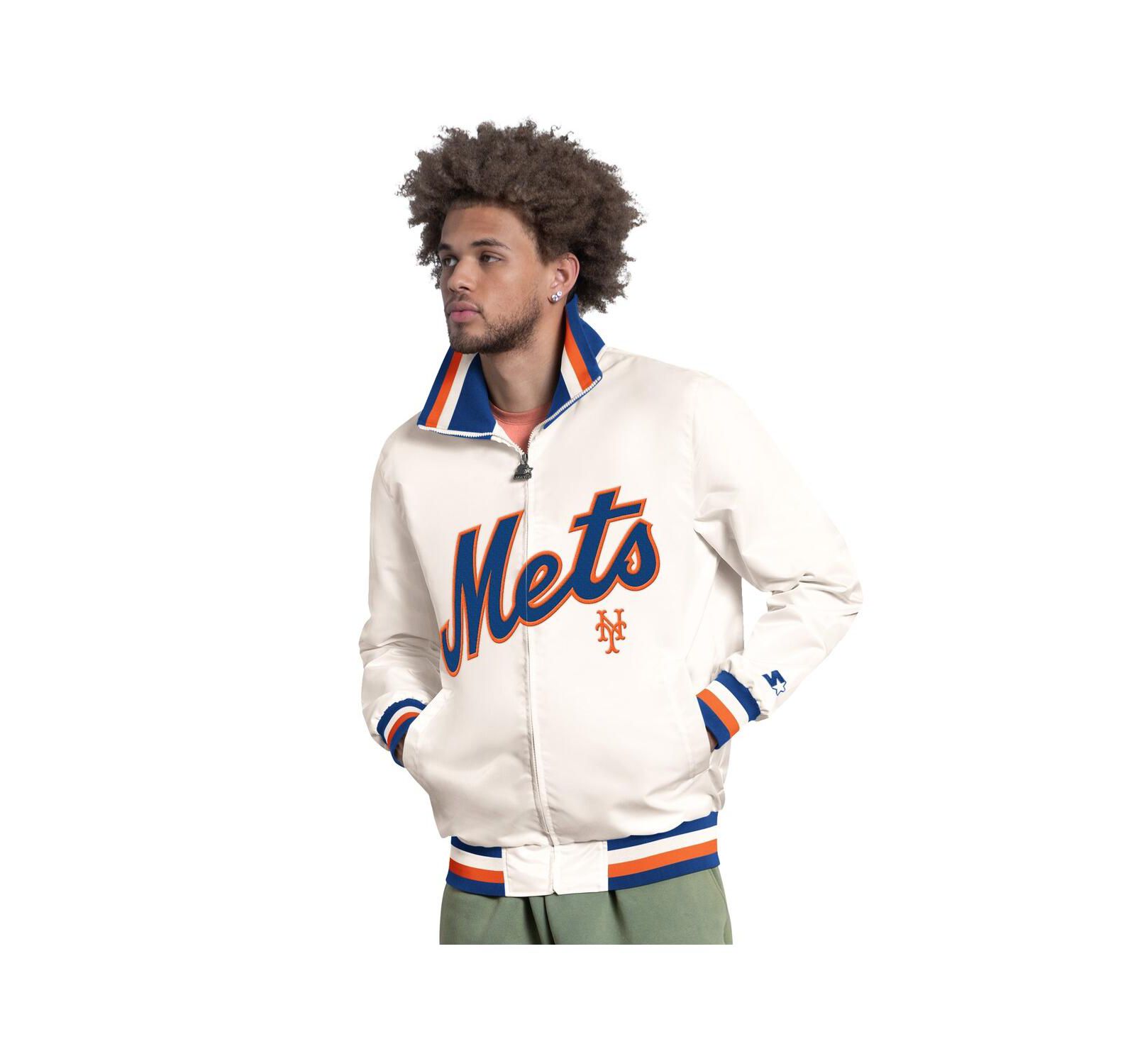 Starter Men's White New York Mets The Captain Cooperstown Logo Full-Zip Varsity Jacket