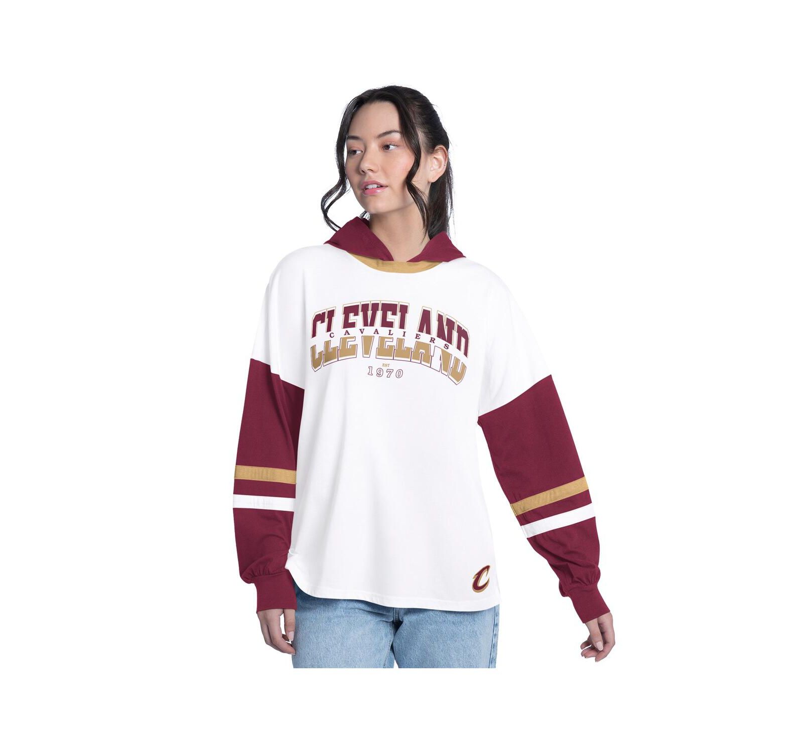 G-III 4Her by Carl Banks Women's White/Wine Cleveland Cavaliers Key Player Oversized Hooded Long Sleeve T-Shirt