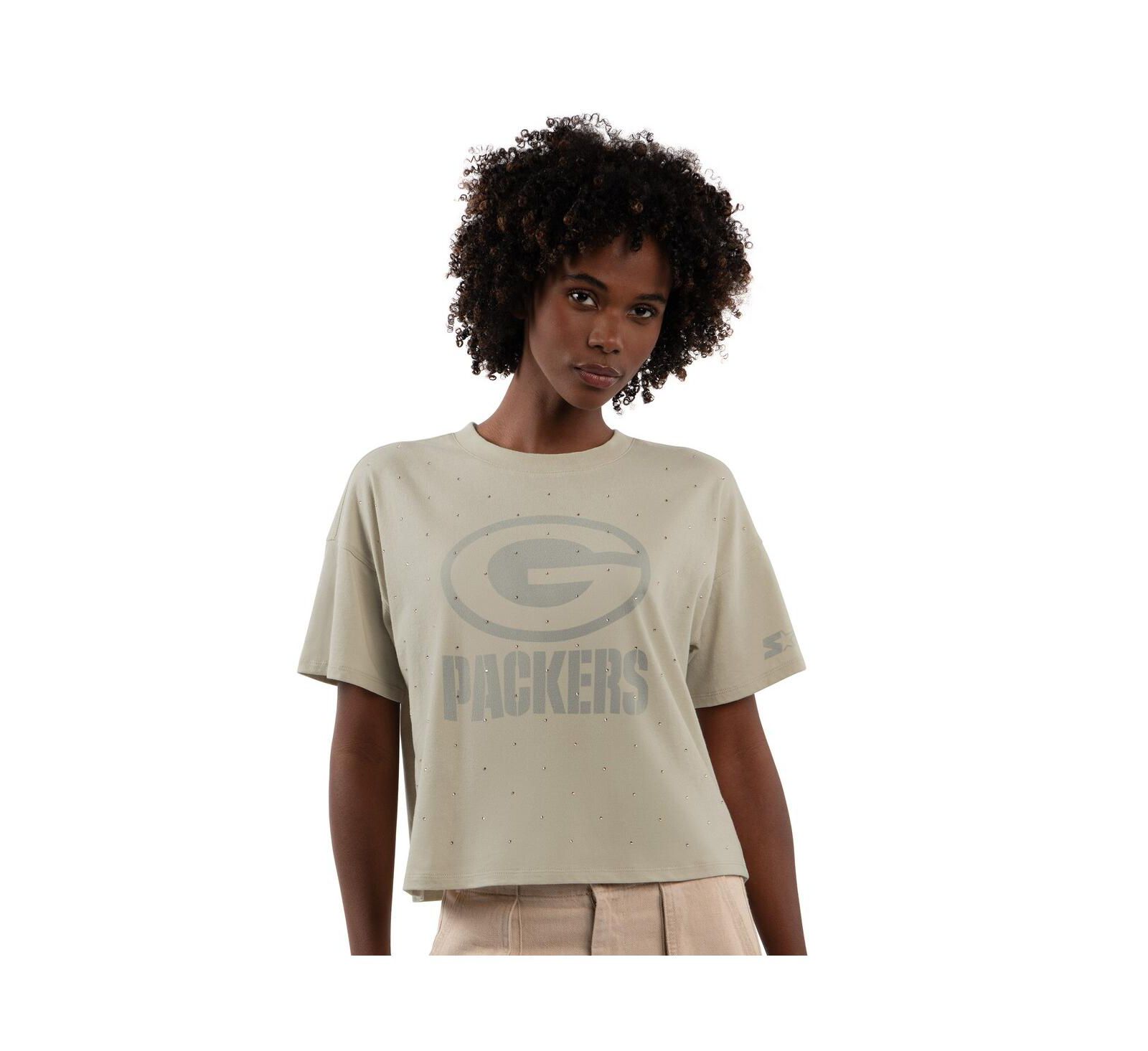 Starter Women's Khaki Green Bay Packers Rhinestone Sprinkle Boxy Cropped T-Shirt