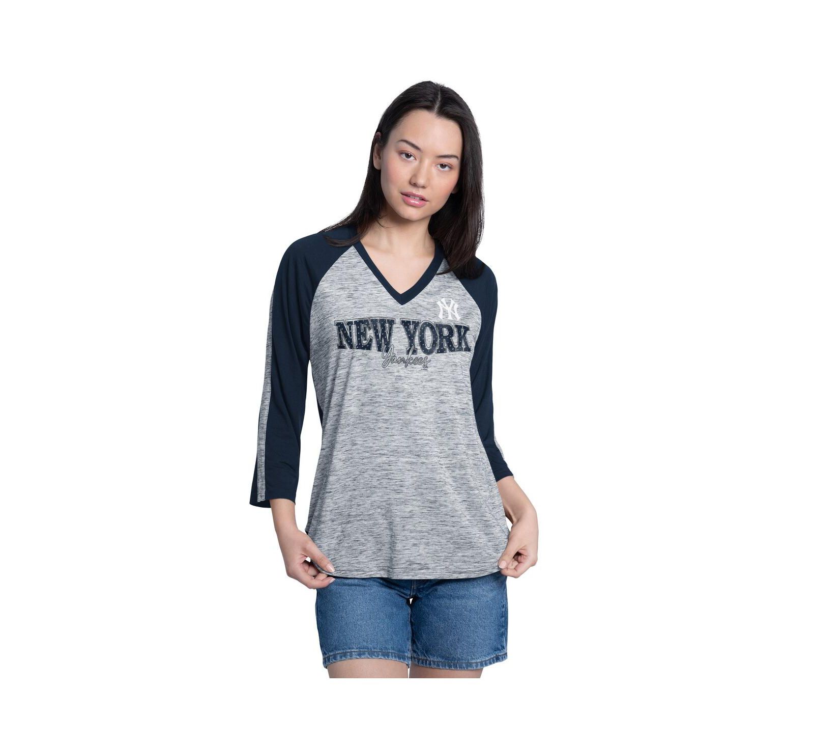 Женская футболка G-III 4Her by Carl Banks Navy/Heather Navy New York Yankees Speed Training 3/4-Sleeve Rhinestone V-Neck