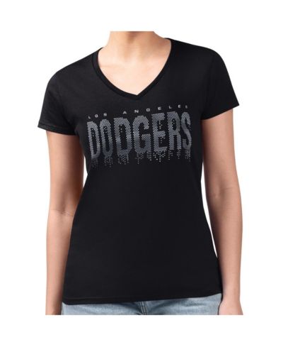G-III 4Her by Carl Banks Women's Black Los Angeles Dodgers Metallic Drop Lightweight V-Neck T-Shirt