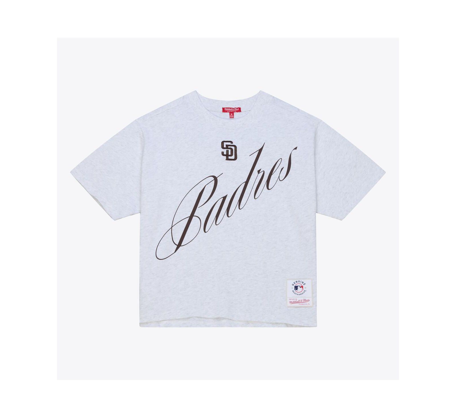 Mitchell & Ness Women's Heather Gray San Diego Padres Script Cropped Boxy T-Shirt
