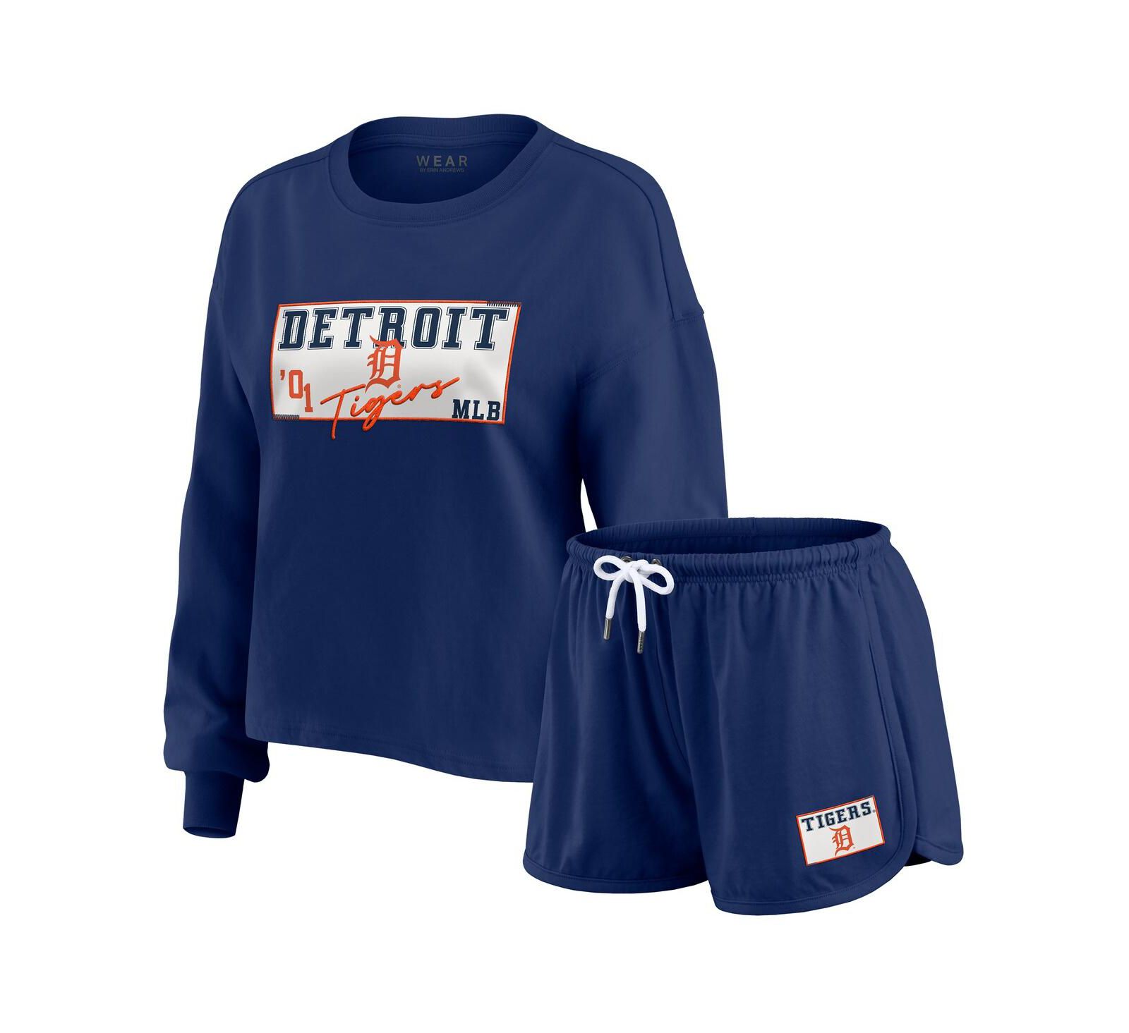 Комплект WEAR by Erin Andrews Detroit Tigers Heavy Rugby Jersey Cropped Long Sleeve T-Shirt & Shorts Lounge Set для женщин, Navy