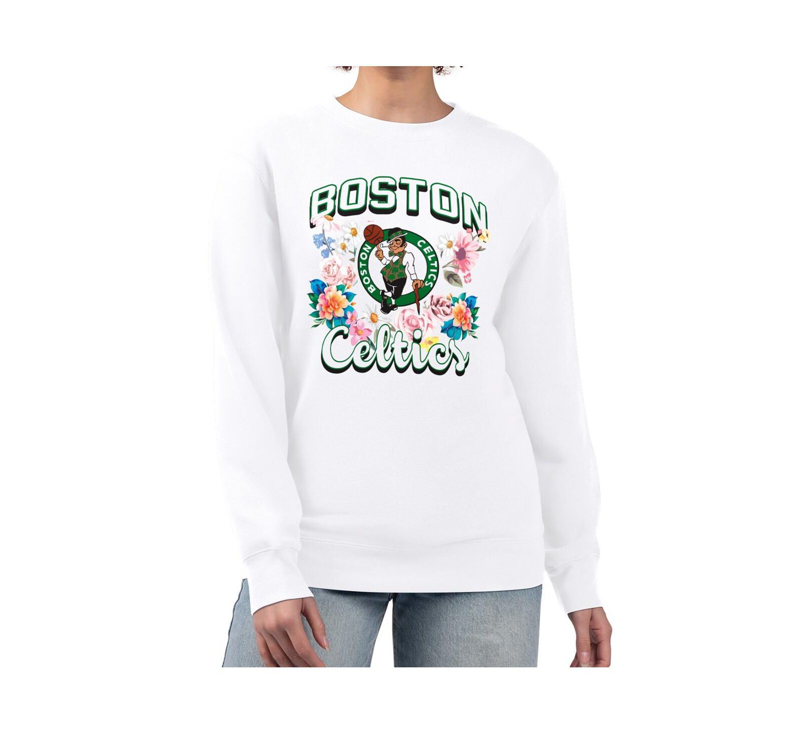 G-III 4Her By Carl Banks Women's White Boston Celtics Flowers Team Logo Graphic Fleece Crewneck Pullover Sweatshirt