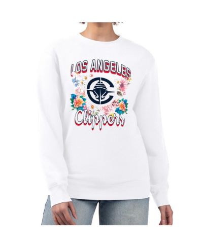 G-III 4Her By Carl Banks Women's White LA Clippers Flowers Team Logo Graphic Fleece Crewneck Pullover Sweatshirt