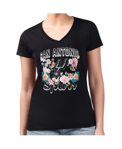 G-III 4Her By Carl Banks Women's Black San Antonio Spurs Super-Slim Fit Lightweight Flowers Team Logo Graphic V-Neck T-Shirt