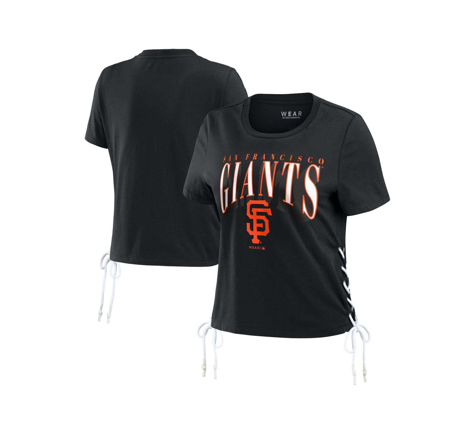 WEAR By Erin Andrews Women's Black San Francisco Giants Side Lace-Up Cropped T-Shirt