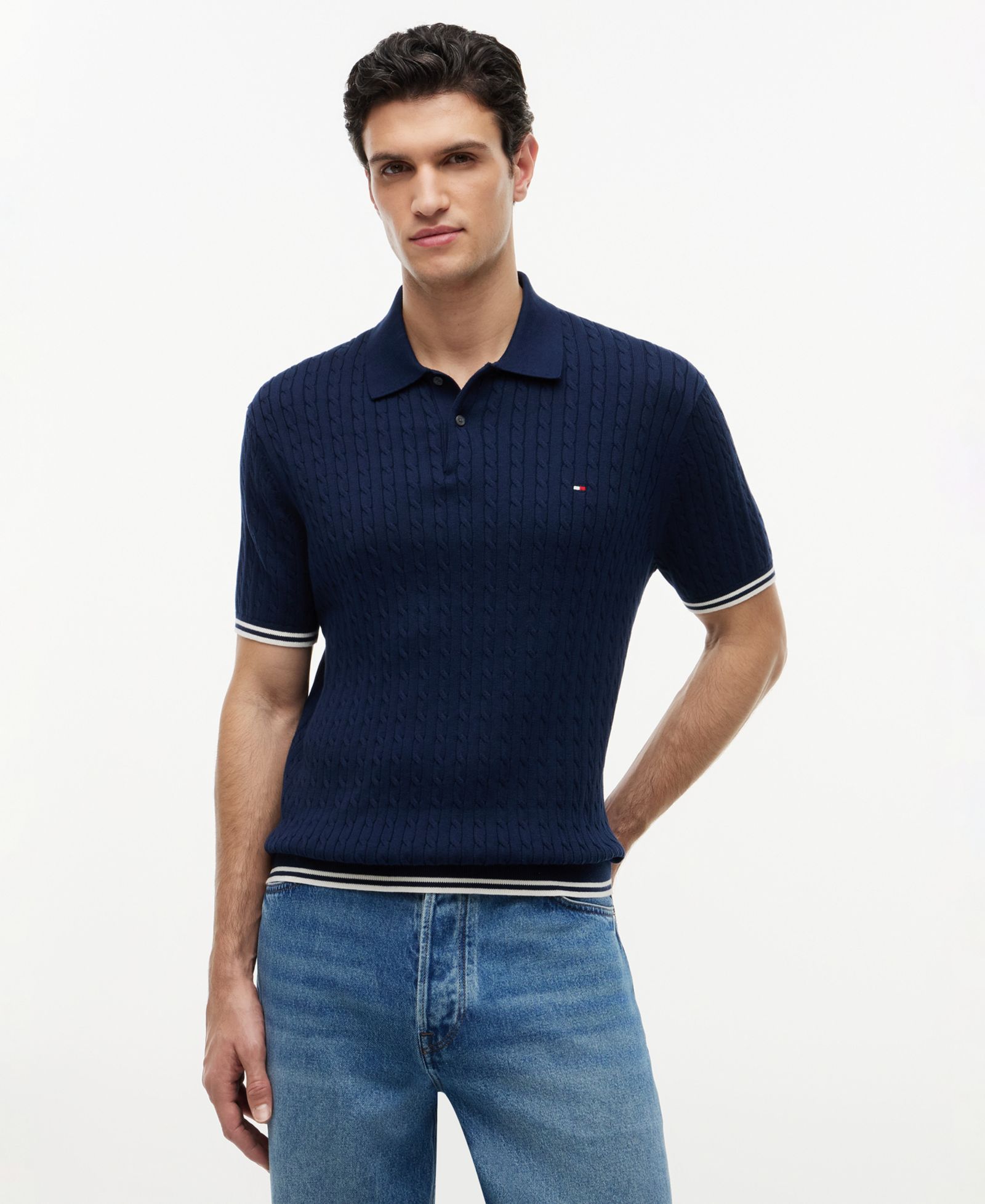Tommy Hilfiger Men's Cable Knitted Short-Sleeve Sweater Polo Shirt