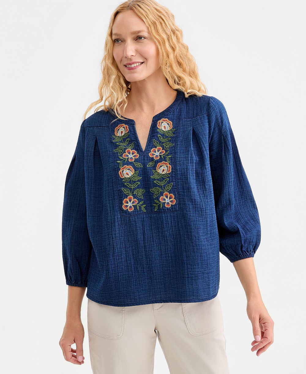 Женский топ Style & Co Embroidered Indigo Gauze