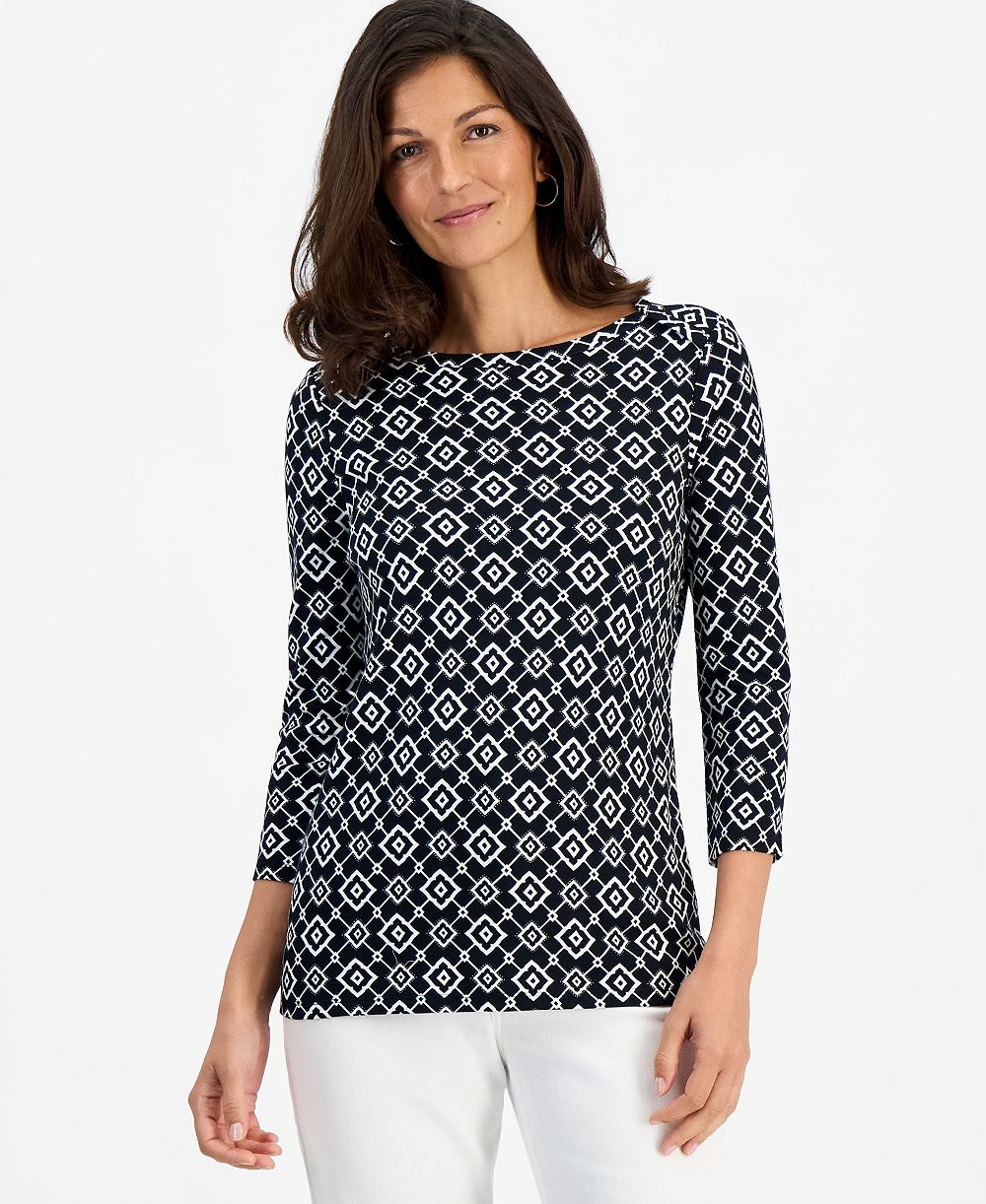 Style & Co Petite Printed Pima Cotton 3/4-Sleeve Boat Neck Top, Macy's Exclusive