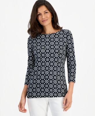Style & Co Petite Printed Pima Cotton 3/4-Sleeve Boat Neck Top, Macy's Exclusive