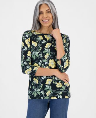 Style & Co Women's Printed Pima Cotton 3/4-Sleeve Boat Neck Top, Macy's Exclusive