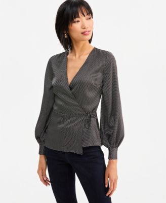 I.N.C. International Concepts Women's Long Sleeve Printed Wrap Top, Macy's Exclusive