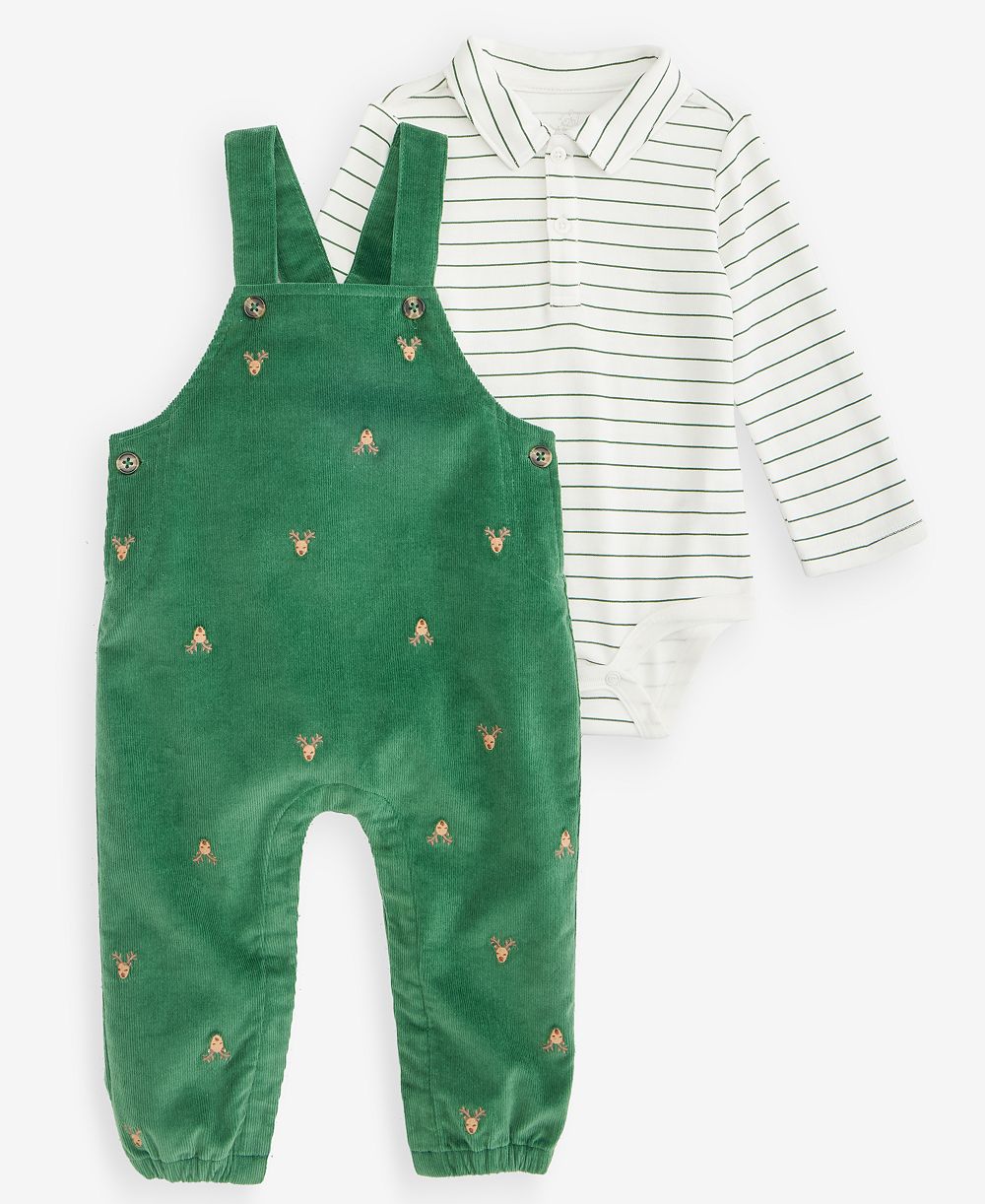 First Impressions Baby Boys' 3M-24M Striped Bodysuit & Reindeer print Corduroy Overalls, 2-Piece Set, Macy's Exclusive