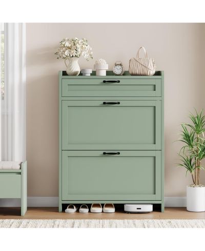 gaomon Shoe Cabinet with 2 Flip Drawers and 1 Top Drawer High-Gloss Painted Wood Shoe Organizer with Adjustable Shelves