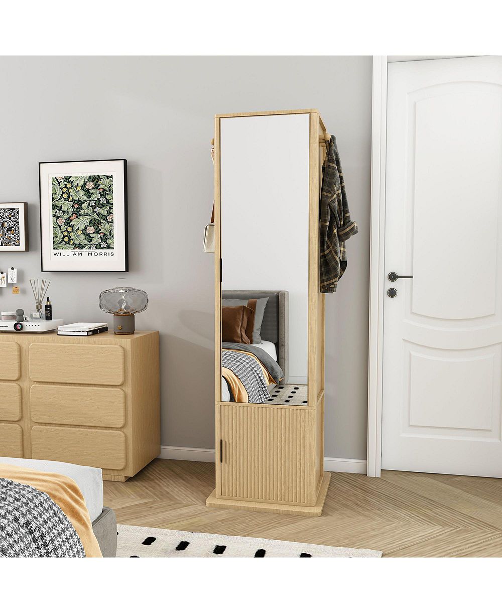 RAINSKEN 360° Rotating Makeup & Jewelry Storage Cabinet - Standing Organizer with Coat Rack, Full-Length Mirror and Open & Hidden Shelves for Bedroom