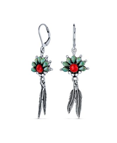 Bling Jewelry Western Style Squash Blossom Turquoise and Coral Feather Dangle Earrings .925 Sterling Silver