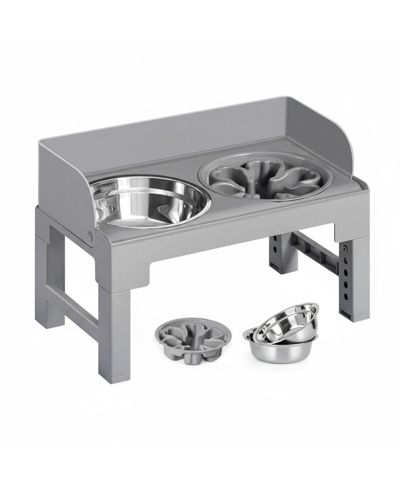 ARONKL Dog Elevated Stand with Slow Feeder & 2 Stainless Steel Bowls Adjustable Height Tilted Design