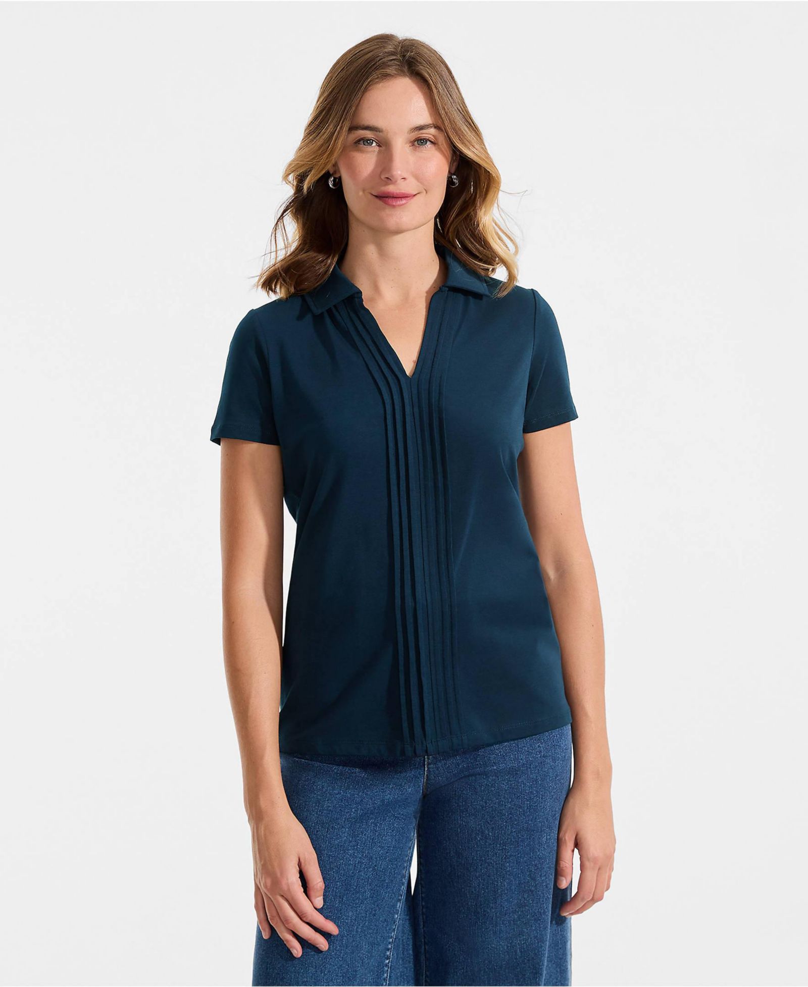 Lands' End Women's Short Sleeve Lightweight Jersey Pintuck Open Collar Polo Top