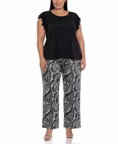 White Mark Plus Size Ruffle-Sleeve Top Printed Pant Set