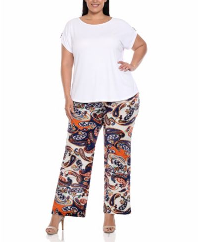 White Mark Plus Size Solid Top Paisley Print Pant Set