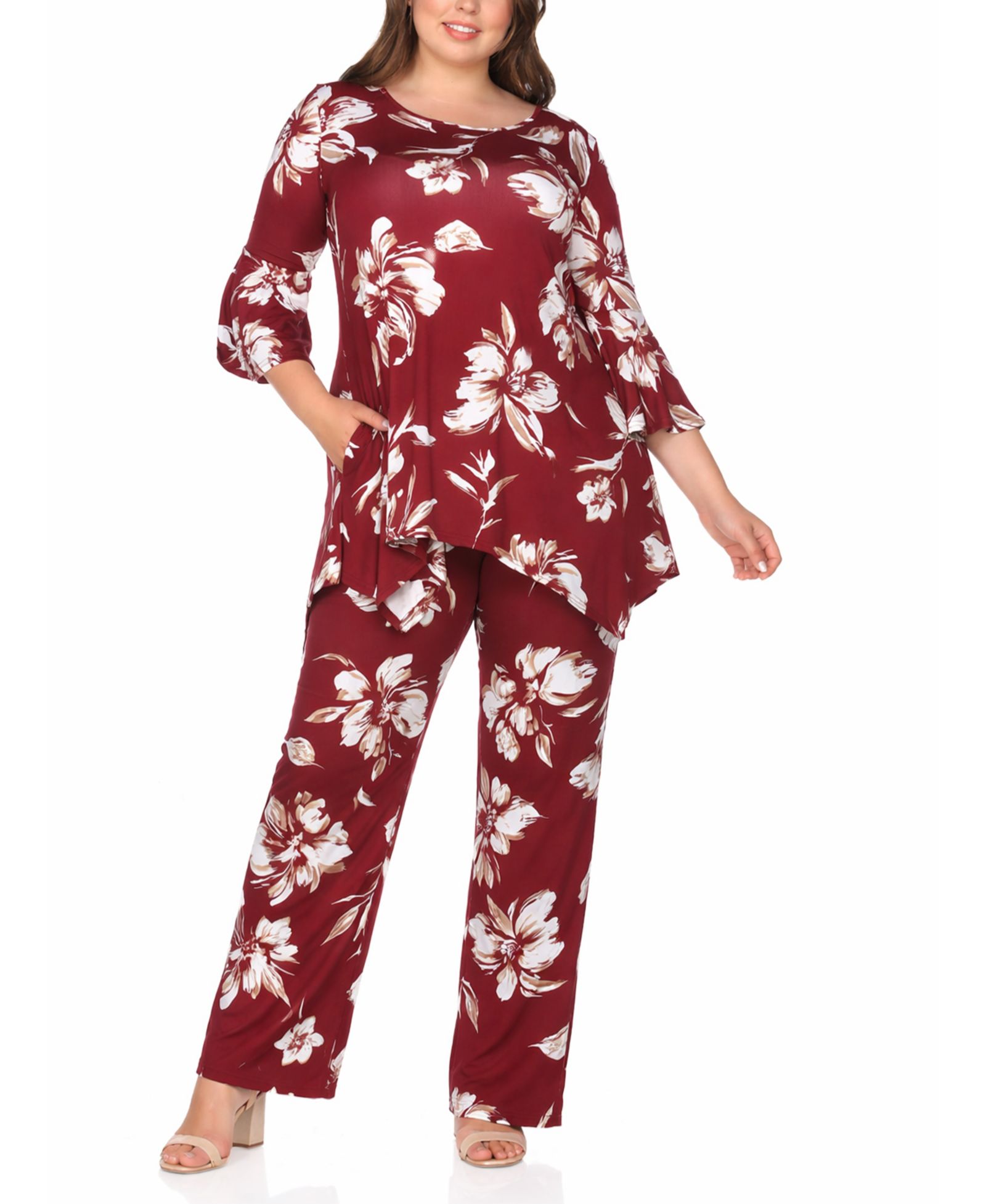 White Mark Plus Size Floral Tunic Top Wide-Leg Pant Set