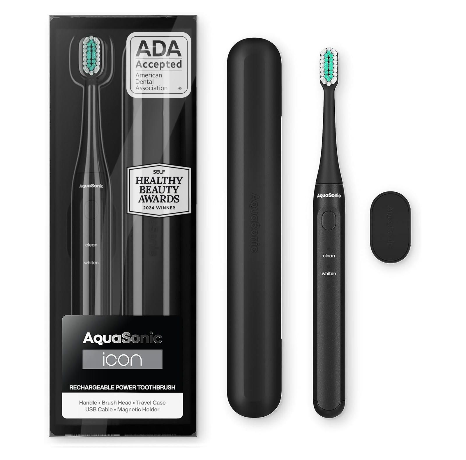 AquaSonic Icon Rechargeable Electric Toothbrush - ADA Accepted, Magnetic Holder, Slim Travel Case, 2 Brushing Modes, Smart Time
