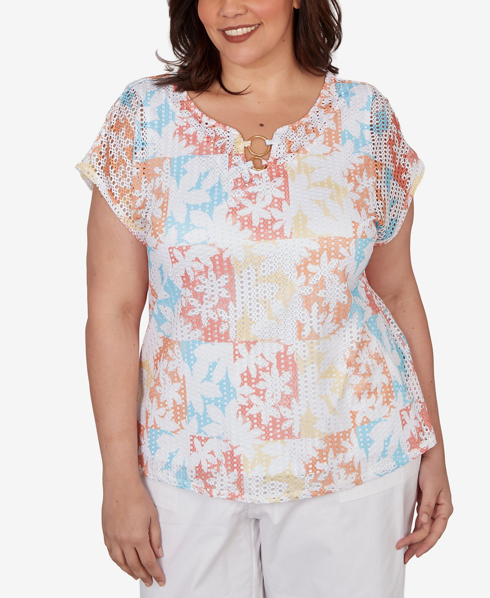 Топ HEARTS OF PALM Plus Size с принтом, текстурированный трикотаж и коротким рукавом