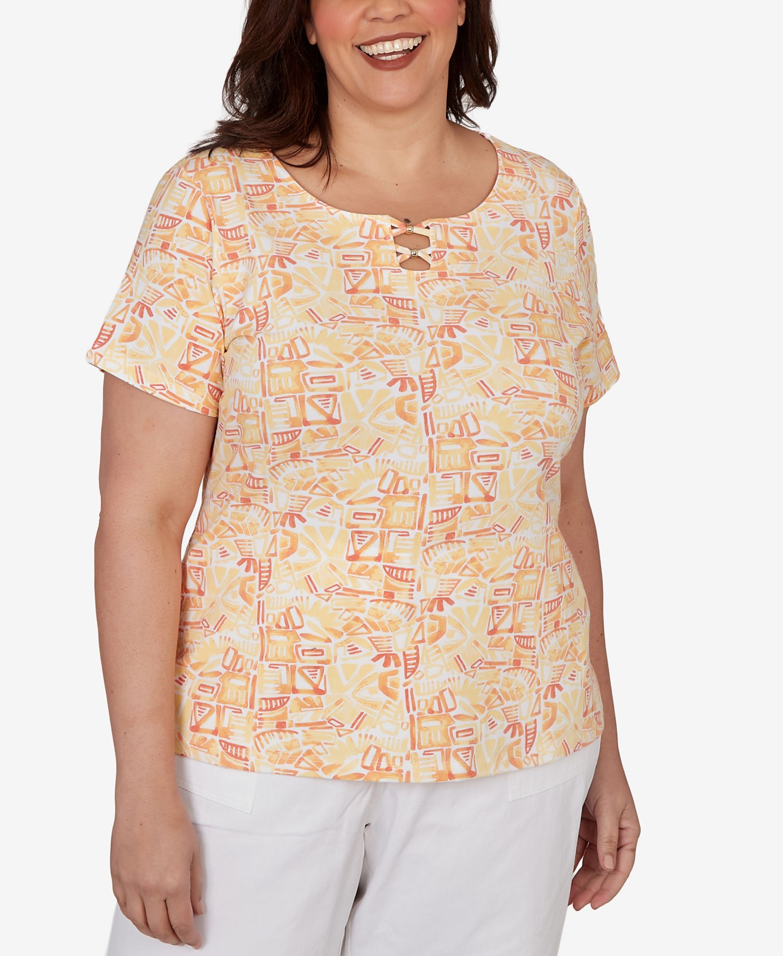 HEARTS OF PALM Plus Size Printed Stretch Jersey Short-Sleeve Bead Neck Top