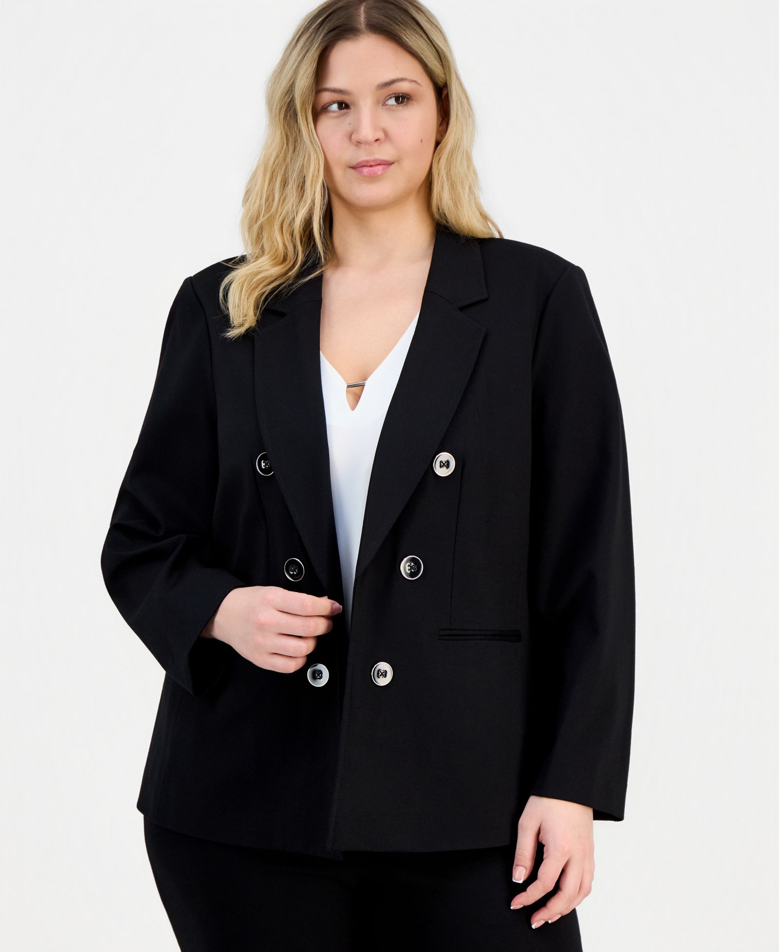 Jones New York Plus Size Faux Double-Breasted Open-Front Blazer