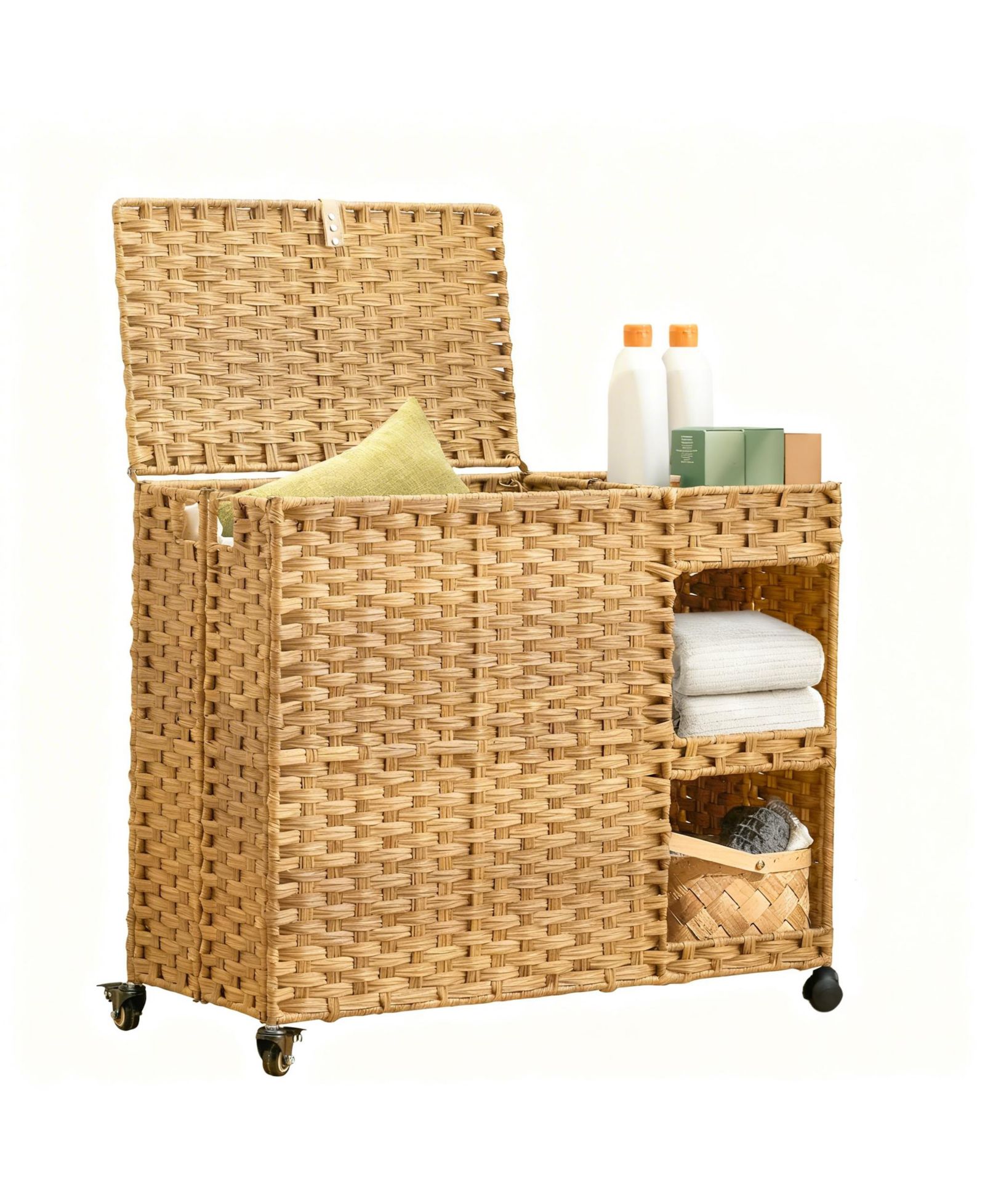 Yigii Gal. Rattan Laundry Hamper with Wheels, Liners, Mesh Bags, Durable