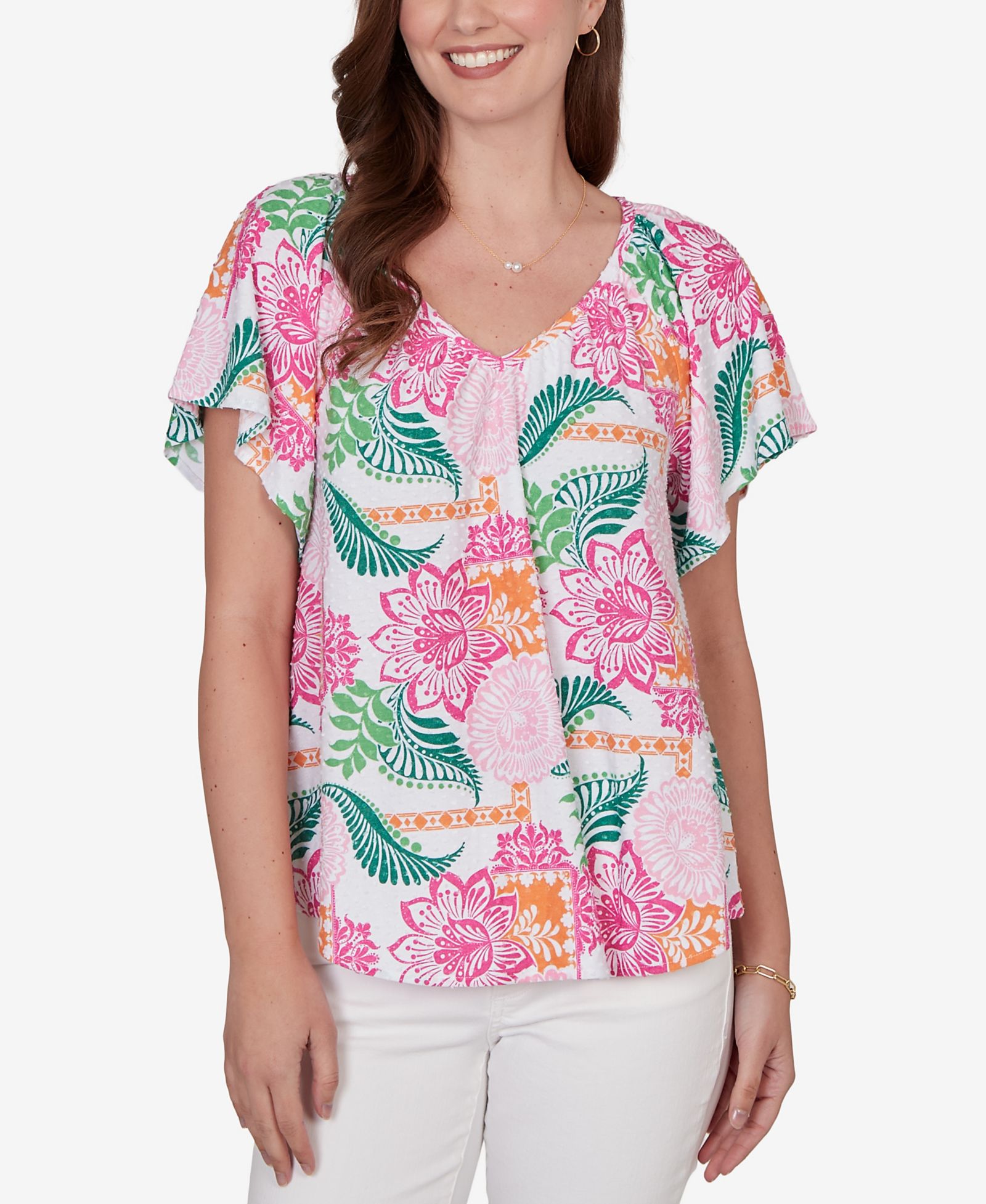 Ruby Rd. Petite Tropical Floral Eyelet Flutter Sleeve T-Shirt