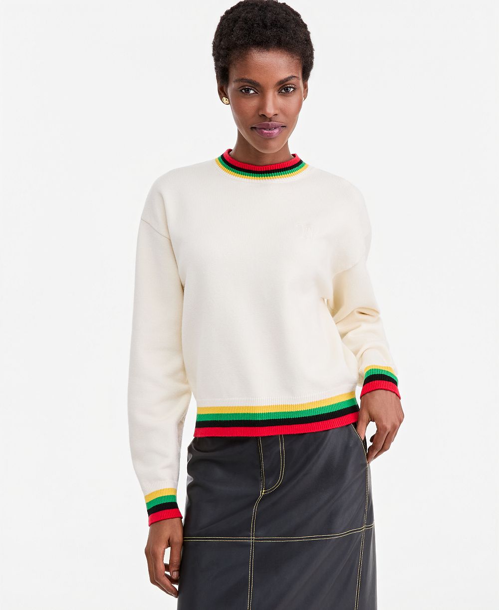 Theophilio | Macy's Women's Striped-Trim Crewneck Long-Sleeve Logo Sweater, Macy's Exclusive
