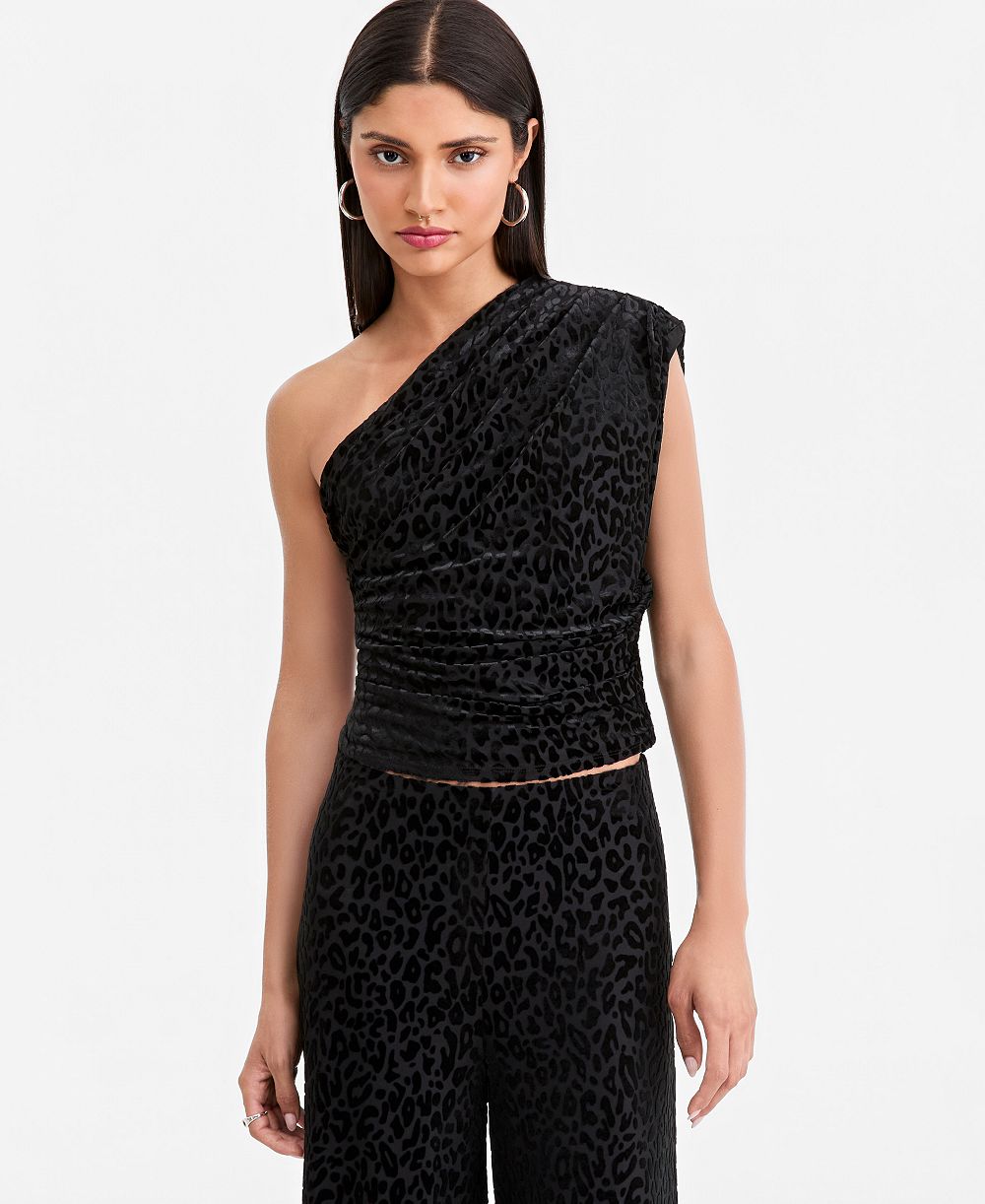 LAPOINTE | Macy's Women's One-Shoulder Leopard Embossed Velvet Top, Macy's Exclusive